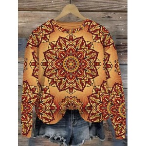 Women's Crew Neck Ethnic Casual Spring/Fall Long Sleeve Sweatshirt
