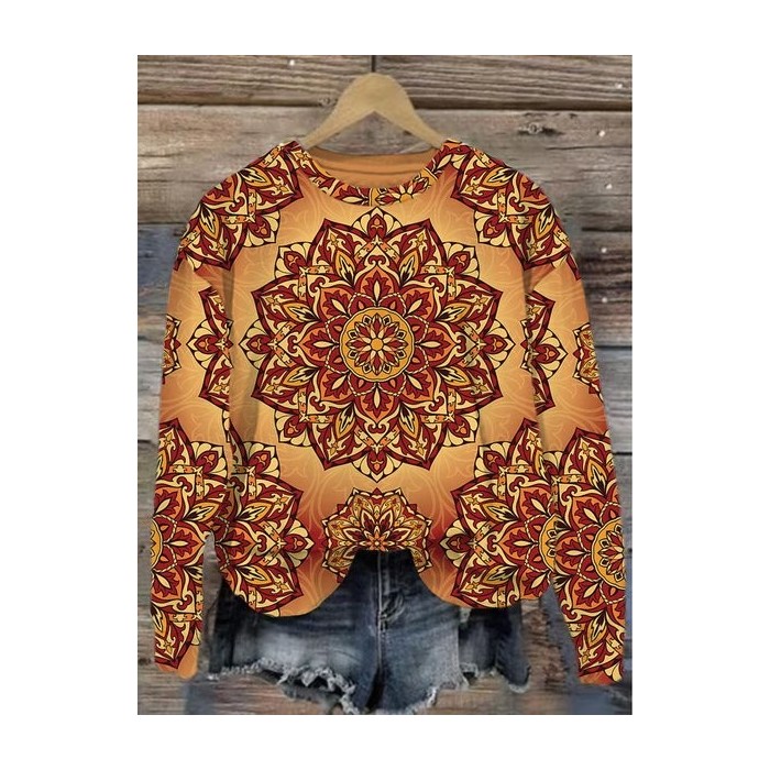 Women's Crew Neck Ethnic Casual Spring/Fall Long Sleeve Sweatshirt