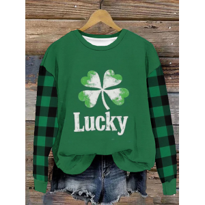 Women's St Patricks Day Lucky Four-leaf Clover Print Long Sleeve Crew Neck Floral Sweatshirt