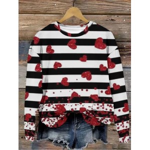 Women's Valentine's Day Striped Love Hear Print Long Sleeve Sweatshirt