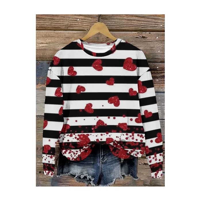 Women's Valentine's Day Striped Love Hear Print Long Sleeve Sweatshirt