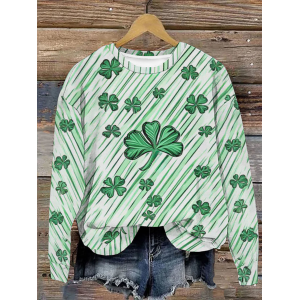 Women's St Patricks Day Four-leaf Clover Print Casual Crew Neck Floral Sweatshirt