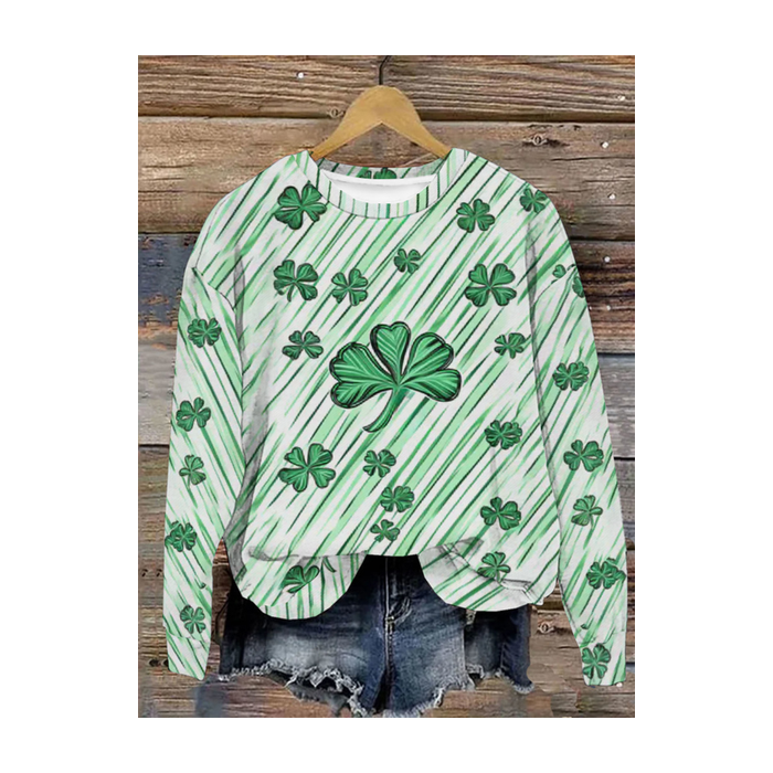 Women's St Patricks Day Four-leaf Clover Print Casual Crew Neck Floral Sweatshirt