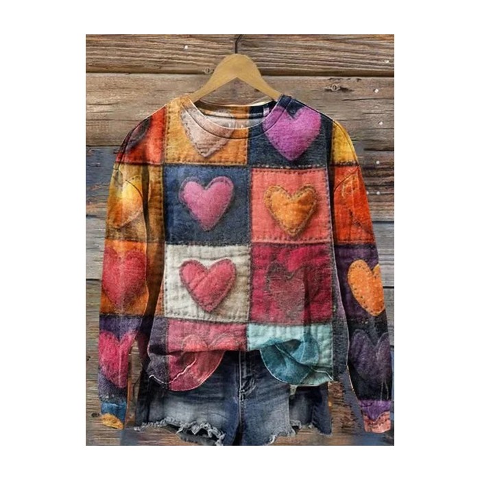 Women's Valentine's Day Love Heart Print Graphic Long Sleeve Crew Neck Sweatshirt