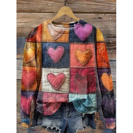 Women's Valentine's Day Love Heart Print Graphic Long Sleeve Crew Neck Sweatshirt