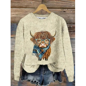 Women's Winter 3D Printing Casual Long Sleeve Crew Neck Knitted Sweater