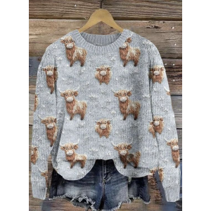 Women's Winter 3D Printing Casual Long Sleeve Crew Neck Knitted Sweater