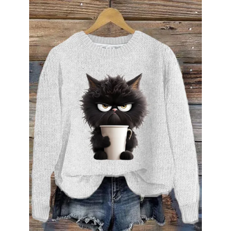 Women's Winter Cat Casual Long Sleeve Crew Neck Knitted Sweater