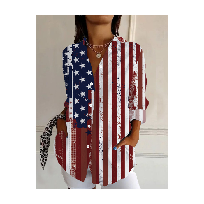 Women Independence Day (Flag) Long Sleeve Shirt Spring/Fall Buckle Shirt Collar Daily Casual Top