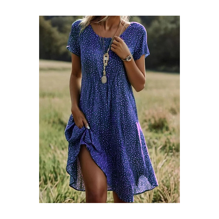Women Polka Dots Short Sleeve Summer Printing Dress Crew Neck Daily Casual Mini Tunic H-Line Dress