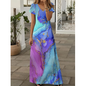 Women Abstract Short Sleeve Summer Printing Dress V Neck Daily Casual Maxi X-Line Dress