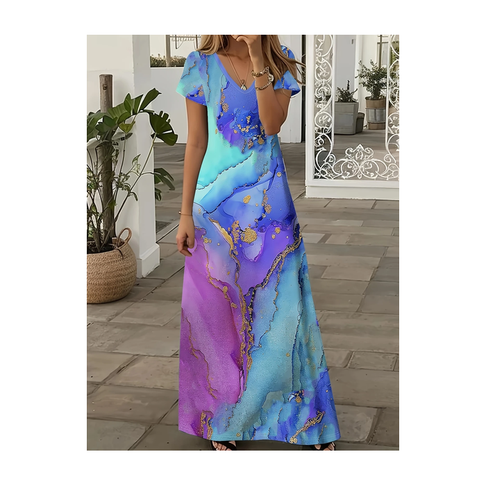 Women Abstract Short Sleeve Summer Printing Dress V Neck Daily Casual Maxi X-Line Dress