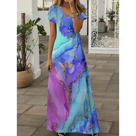 Women Abstract Short Sleeve Summer Printing Dress V Neck Daily Casual Maxi X-Line Dress