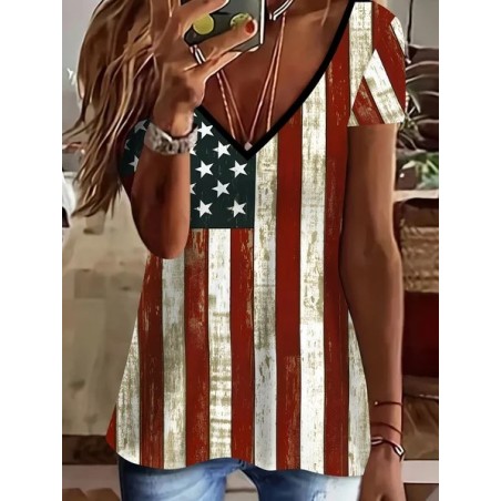 Women Independence Day (Flag) Short Sleeve Tee T-shirt V Neck Printing Casual Summer Graphic Tee Top