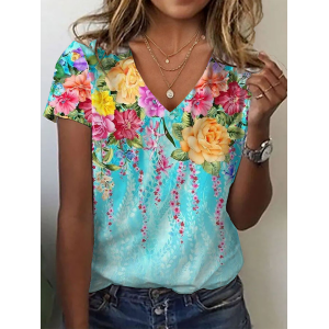 Women Floral Short Sleeve Tee T-shirt V Neck Printing Casual Summer Graphic Tee Top