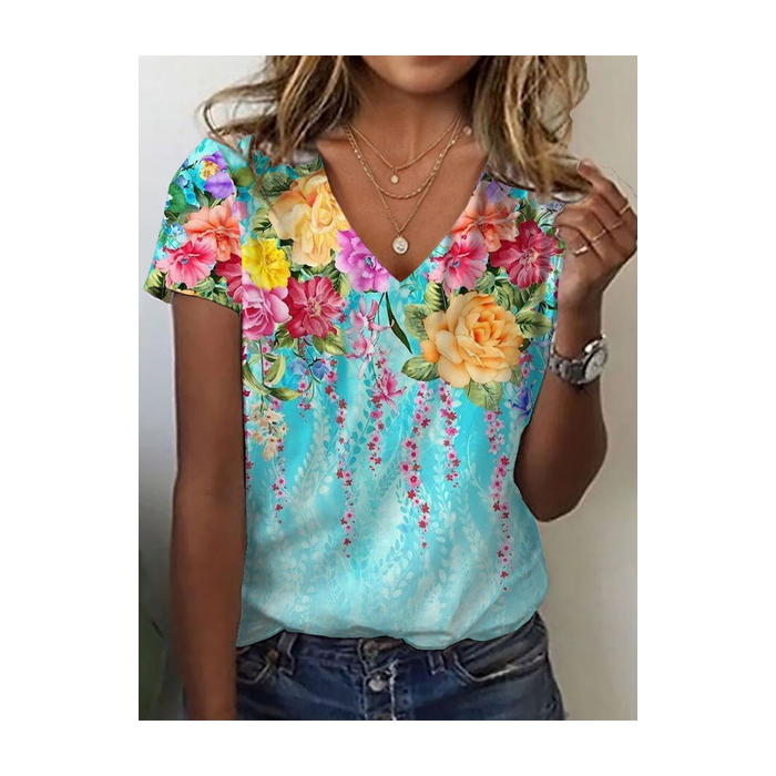 Women Floral Short Sleeve Tee T-shirt V Neck Printing Casual Summer Graphic Tee Top