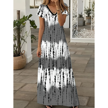 Women Abstract Stripes Short Sleeve Summer Printing Dress V Neck Daily Casual Maxi X-Line Dress