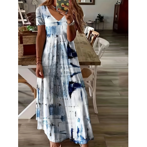 Women Abstract Short Sleeve Summer Printing Dress V Neck Daily Casual Maxi X-Line Dress