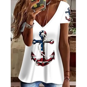 Women Anchor Short Sleeve Tee T-shirt V Neck Printing Casual Summer Graphic Tee Top