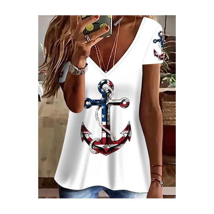 Women Anchor Short Sleeve Tee T-shirt V Neck Printing Casual Summer Graphic Tee Top