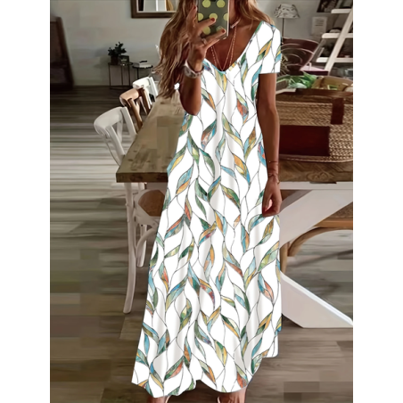 Women Floral Short Sleeve Summer Printing Dress V Neck Daily Casual Maxi X-Line Dress