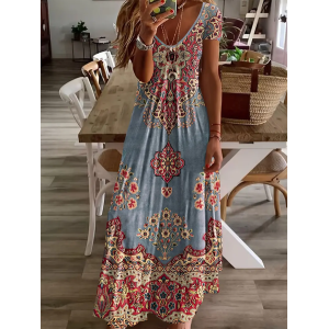 Women Floral Short Sleeve Summer Printing Dress V Neck Daily Casual Maxi X-Line Dress