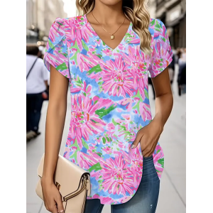 Women Floral Short Sleeve Tee T-shirt V Neck Printing Casual Summer Graphic Tee Top
