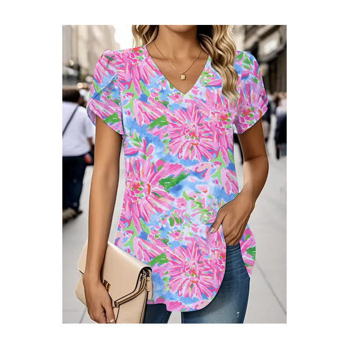 Women Floral Short Sleeve Tee T-shirt V Neck Printing Casual Summer Graphic Tee Top