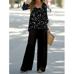 Women Floral Printing Two-Piece Set Daily Long Sleeve Casual Spring/Fall Top With Pants Matching Set