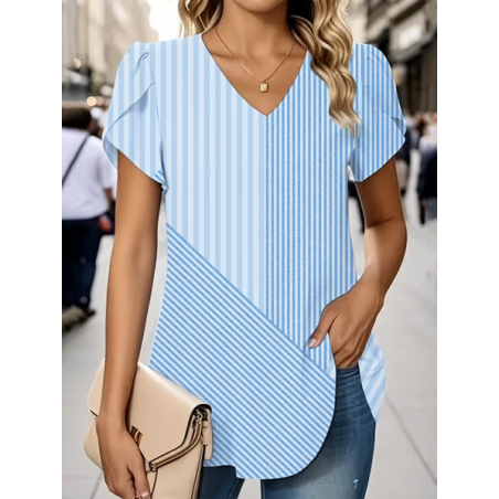Women Striped Short Sleeve Tee T-shirt V Neck Printing Casual Summer Graphic Tee Top