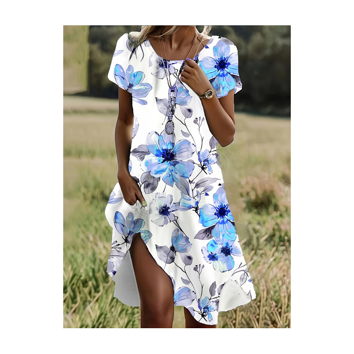 Women Floral Short Sleeve Summer Printing Dress Crew Neck Daily Casual Mini Tunic H-Line Dress