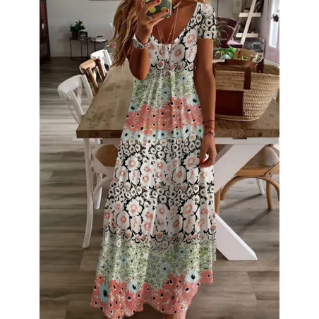 Women Floral Short Sleeve Summer Printing Dress V Neck Daily Casual Maxi X-Line Dress