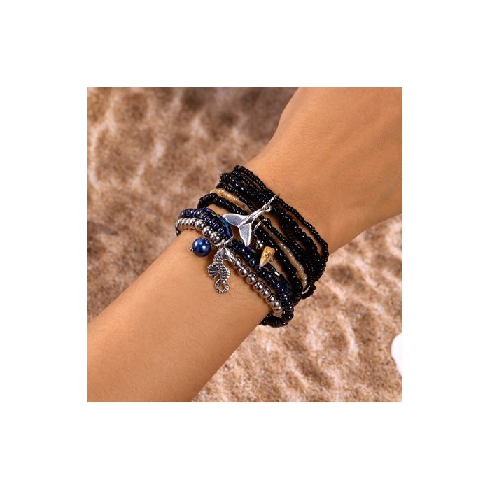 Ins Style Bohemian Beach Vacation Summer Shell Turtle Fishtail Rice Beads Multi-layer Stacking Bracelet Set