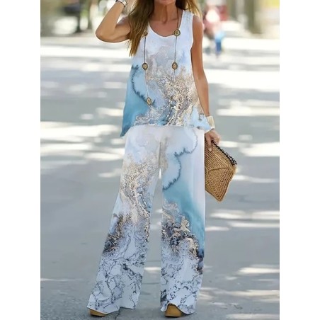 Women Abstract Printing Two-Piece Set Daily Sleeveless Casual Summer Multi-Piece Set Matching Set