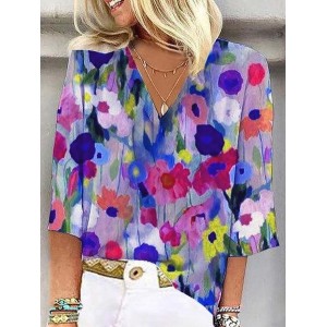 Women's 3/4 Sleeve Blouse Summer Abstract Floral Colorful V Neck Daily Going Out Casual Top
