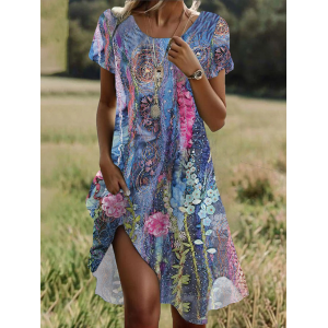 Women Floral Short Sleeve Summer Printing Dress Crew Neck Daily Casual Mini Tunic H-Line Dress