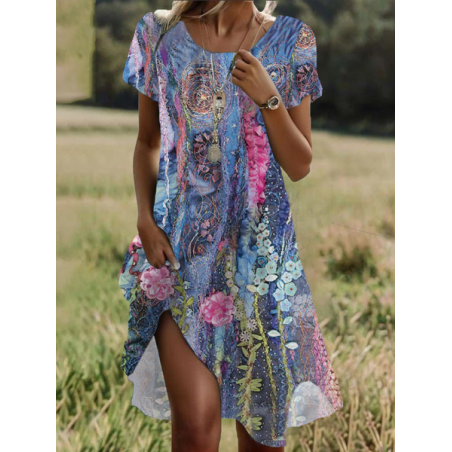 Women Floral Short Sleeve Summer Printing Dress Crew Neck Daily Casual Mini Tunic H-Line Dress