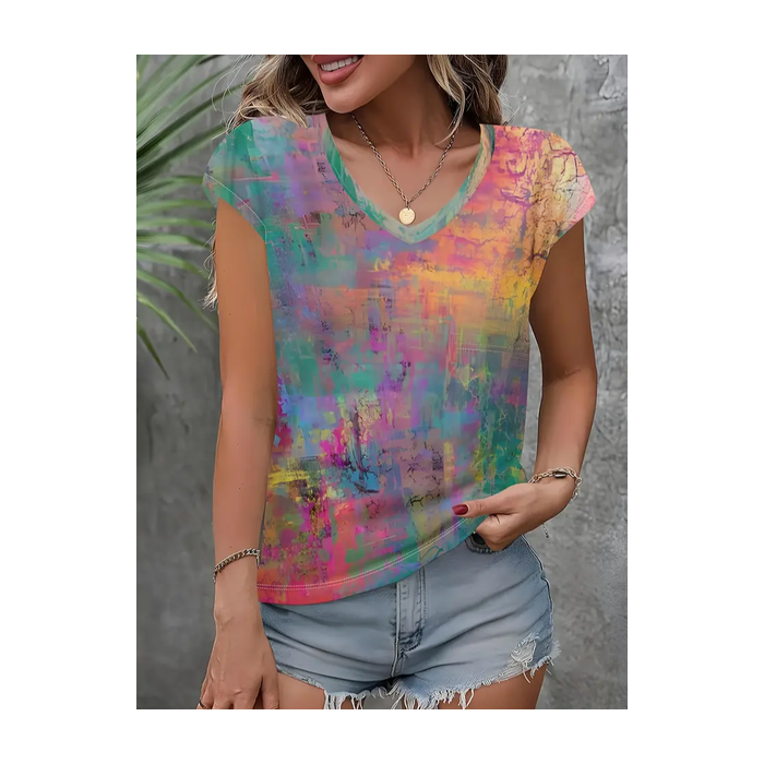 Women Abstract Short Sleeve Tee T-shirt V Neck Printing Casual Summer Graphic Tee Top