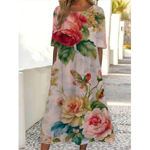 Women Floral Half Sleeve Summer Printing Dress Crew Neck Daily Casual Maxi A-Line Dress