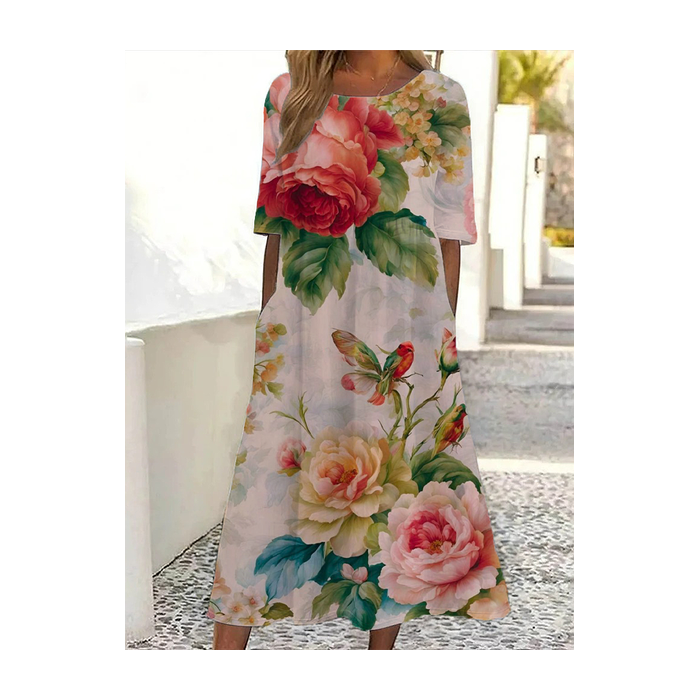 Women Floral Half Sleeve Summer Printing Dress Crew Neck Daily Casual Maxi A-Line Dress