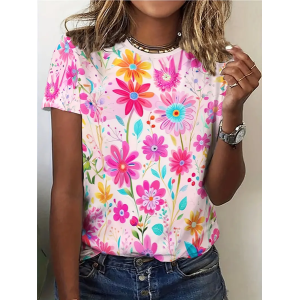 Women Floral Short Sleeve Tee T-shirt Crew Neck Printing Casual Summer Graphic Tee Top