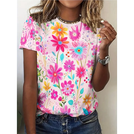 Women Floral Short Sleeve Tee T-shirt Crew Neck Printing Casual Summer Graphic Tee Top