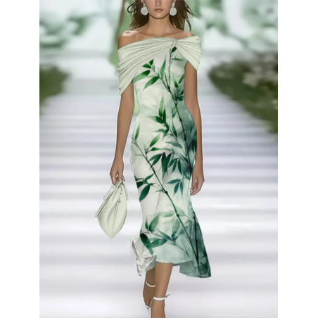 Women Floral Cap Sleeve Summer Printing Dress Cold Shoulder Daily Vintage Maxi H-Line Dress