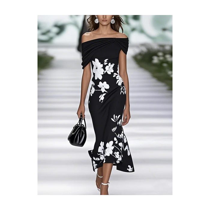 Women Floral Cap Sleeve Summer Printing Dress Cold Shoulder Daily Vintage Maxi H-Line Dress