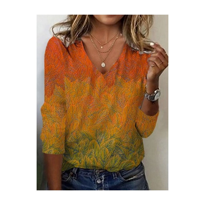 Women's Leaf Long Sleeve Tee T-shirt V Neck Casual Spring/Fall Floral Top