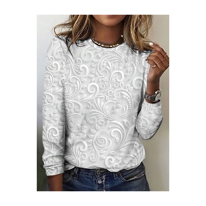 Women's Long Sleeve Tee T-shirt Spring/Fall Plaid Cotton Crew Neck Daily Going Out Vintage Top