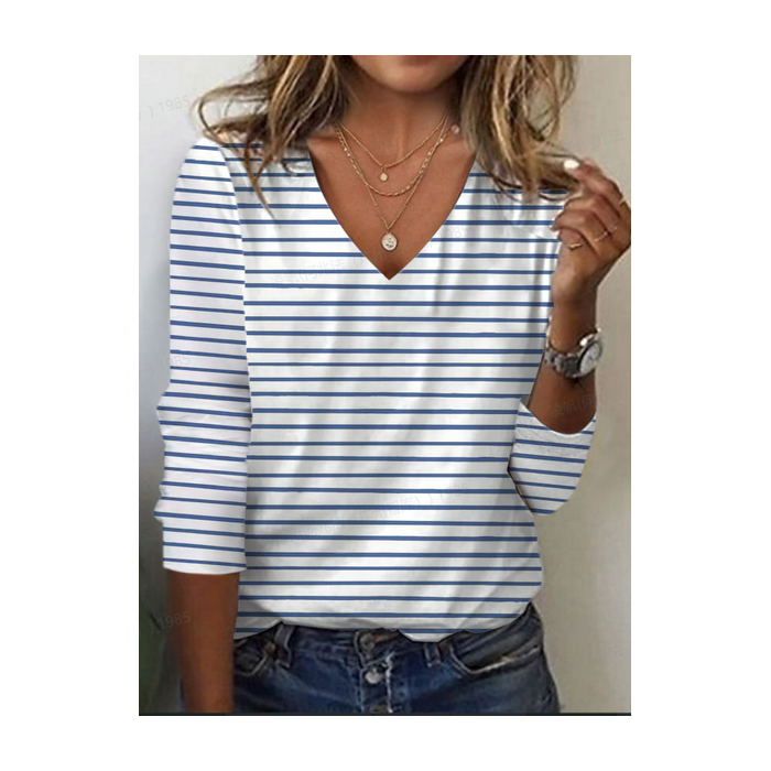 Women's Striped Long Sleeve Tee T-shirt V Neck Printing Casual Spring/Fall Graphic Tee Top
