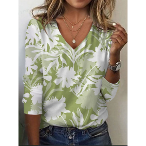 Women's Floral Long Sleeve Tee T-shirt V Neck Printing Casual Spring/Fall Graphic Tee Top