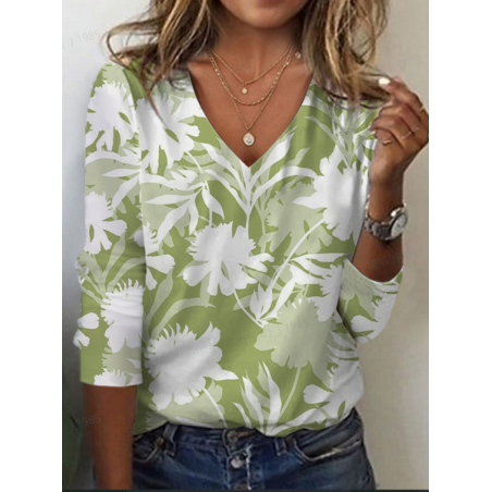 Women's Floral Long Sleeve Tee T-shirt V Neck Printing Casual Spring/Fall Graphic Tee Top