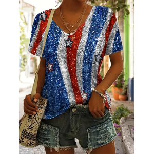 Women Independence Day (Flag) Short Sleeve Tee T-shirt V Neck Printing Casual Summer Graphic Tee Top